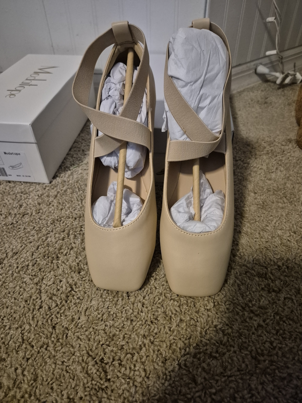 Dream Pairs Neutral Beige Square-Toe Elastic-Cross Flats